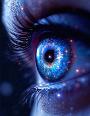 The primary subject of the image is a close-up of a person's eye, showcasing the iris and the blue color of the eye. The setting is a dark background, which emphasizes the eye and its vibrant color. The visual style is a digital art or illustration, creating a surreal and artistic representation of the eye. The colors and mood are predominantly blue, with a sense of depth and intrigue.